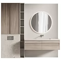 Modern Bathroom Washbasin With Illuminated Round Mirror Wooden Cabinet And Open Shelf