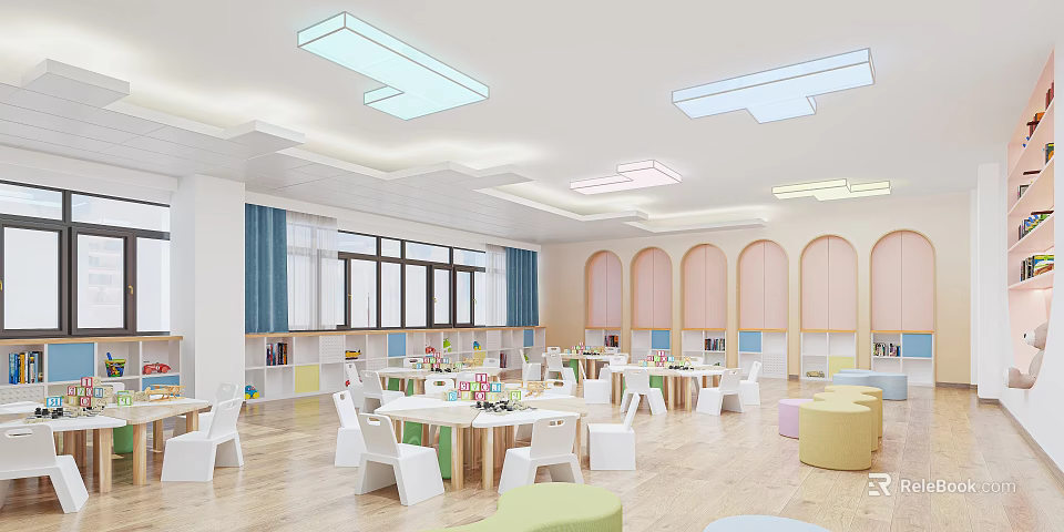 Bright Modern Kindergarten Classroom Interior With Colorful Stools Tables Chairs And Rectangular Lights 3d model