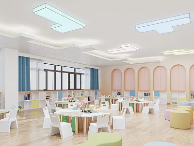 Bright Modern Kindergarten Classroom Interior With Colorful Stools Tables Chairs And Rectangular Lights 3d model