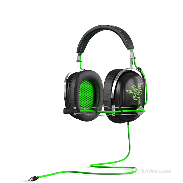 Black And Green Wired Headphones With Comfortable Ear Cushions For Gaming Use 3d model 