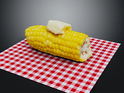 Fresh Cooked Corn Cob With Butter On Top Placed On Red And White Checkered Cloth 3d model