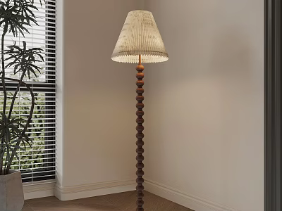 Beige Woven Shade Floor Lamp With Wooden Spiral Base And Green Plant By Window 3d model