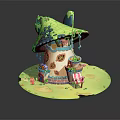 Cartoon Mushroom House With Green Roof Decorative Windows Colorful Door And Grass Base