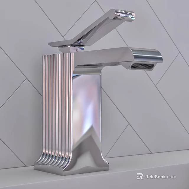 Modern Silver Faucet With Vertical Stripes Design On White Tile Background 3d model 