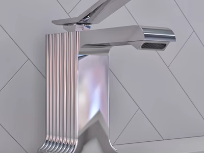 Modern Silver Faucet With Vertical Stripes Design On White Tile Background 3d model