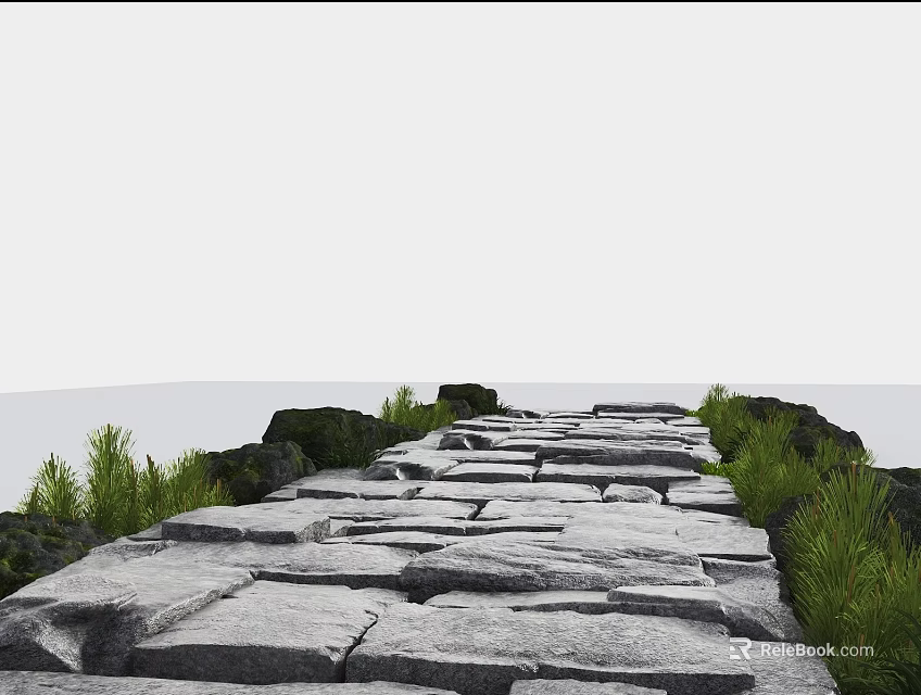 Natural Stone Slabs Garden Path Paving With Green Grass And Rocks 3d model 