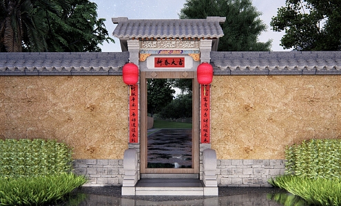 Chinese style rural courtyard door rural residence door residential entrance door 3d model