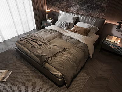 Modern Double Bed In Cozy Bedroom With Leather Headboard Soft Bedding And Herringbone Flooring 3d model