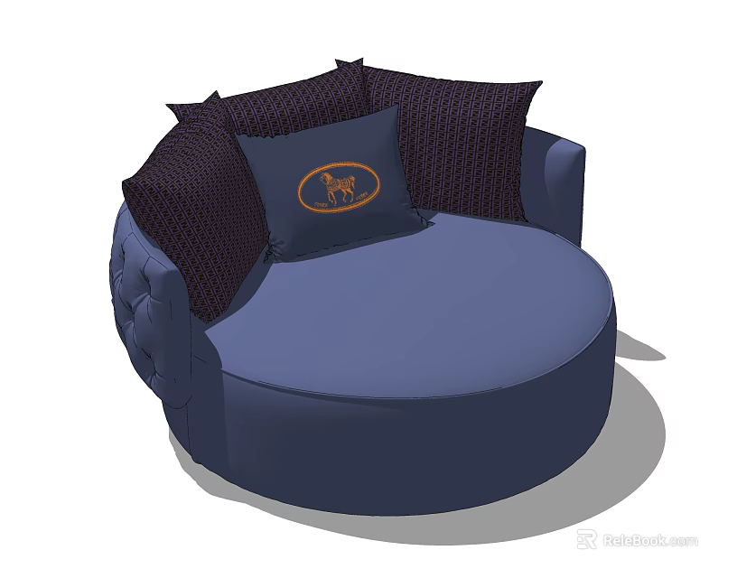 Navy Blue Round Single Sofa With Decorative Cushions And Deer Logo 3d model 