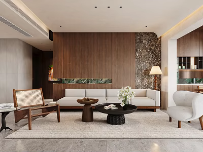 Elegant Modern Living Dining Room Interior With Sofa Coffee Table And Wooden Dining Chairs 3d model