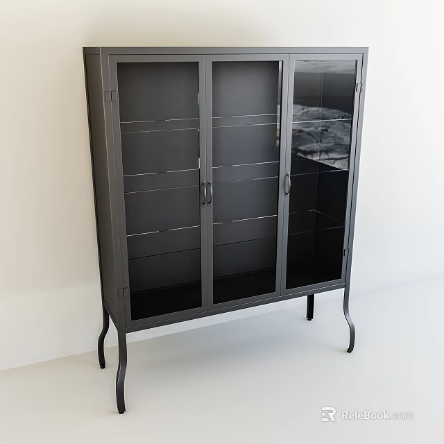 Modern Black Decorative Cabinet With Glass Doors And Metal Frame Sleek Legs 3d model 