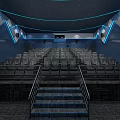Cinema Interior Design With Stadium Seats Blue Lighting Diamond Pattern Walls Metal Railings Dark Carpet