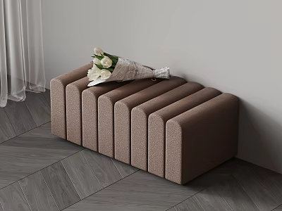 Brown Upholstered Stool With Multiple Seats And White Flowers Against Wall 3d model