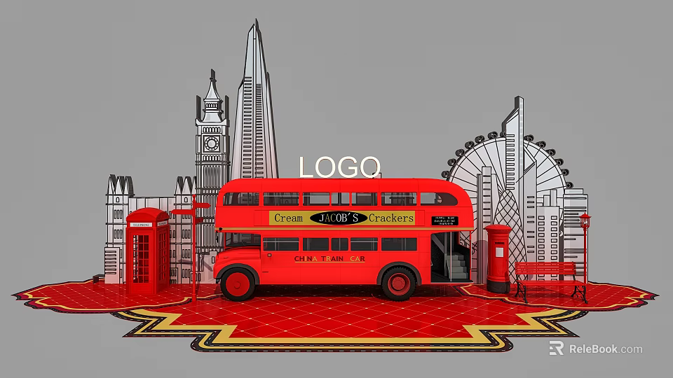 London Themed Art Installation With Red Double Decker Bus Landmarks Phone Booth And Post Box 3d model 