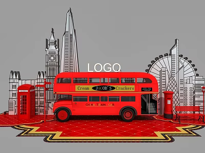 London Themed Art Installation With Red Double Decker Bus Landmarks Phone Booth And Post Box 3d model