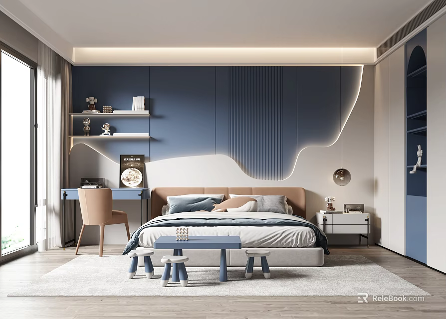 Modern Kids Room Interior Design With Blue Accent Wall Curved Lighting Bed Desk And Bookshelves 3d model 