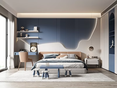 Modern Kids Room Interior Design With Blue Accent Wall Curved Lighting Bed Desk And Bookshelves 3d model