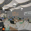 Modern Restaurant Interior With Wooden Tables Green Seats Round Pendant Lights And Refrigerated Display Cabinets