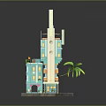 Colorful Multi Story Building 3D Model with Exterior Balconies and Palm Tree