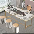 Elegant Tea Table with Marble Top Gold Legs and Light-colored Chairs White Pleated Stools 3d model