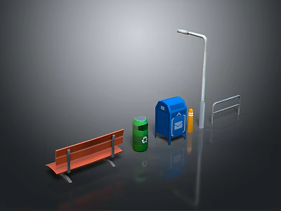 Orange Leisure Bench with Green and Blue Trash Bins Street Lamp and Railing Outdoor 3d model