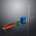 Orange Leisure Bench with Green and Blue Trash Bins Street Lamp and Railing Outdoor