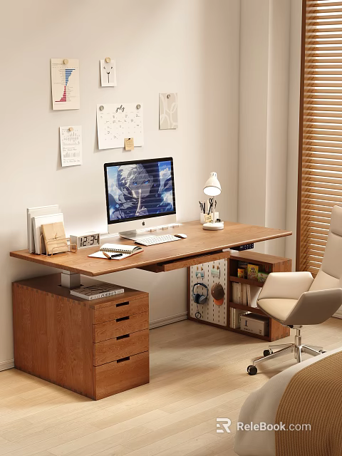 Wooden Home Office Desk With Computer Monitor Keyboard Table Lamp Books And Ergonomic Chair 3d model 