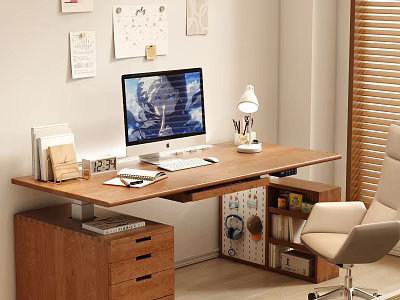 Wooden Home Office Desk With Computer Monitor Keyboard Table Lamp Books And Ergonomic Chair 3d model