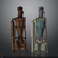 Red And Blue Industrial Processing Equipment With Conical Body Pipes And Base Supports