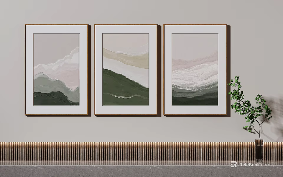 Three Decorative Paintings With Mountain Cloud Patterns In Brown Frames And Green Plant 3d model