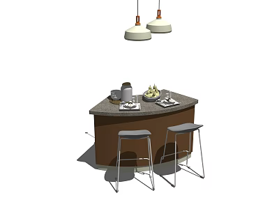 Modern Bar Counter With Stone Top Brown Cabinet White Pendant Lights And Metal Stools 3d model
