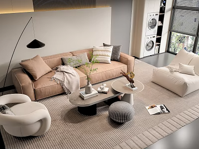 Modern Living Room Sofa Coffee Table Set with Pillows Throw Blanket Potted Plant and Armchair 3d model