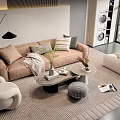 Modern Living Room Sofa Coffee Table Set with Pillows Throw Blanket Potted Plant and Armchair