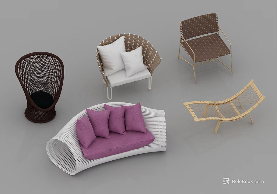 Stylish Leisure Chairs With Woven Rattan Various Styles Different Colors And Soft Cushions 3d model 