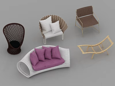 Stylish Leisure Chairs With Woven Rattan Various Styles Different Colors And Soft Cushions 3d model