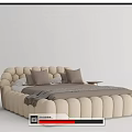 Modern Tufted Beige Double Bed With Plush Upholstery Neutral Pillows Linen Bedding And Gold Nightstand