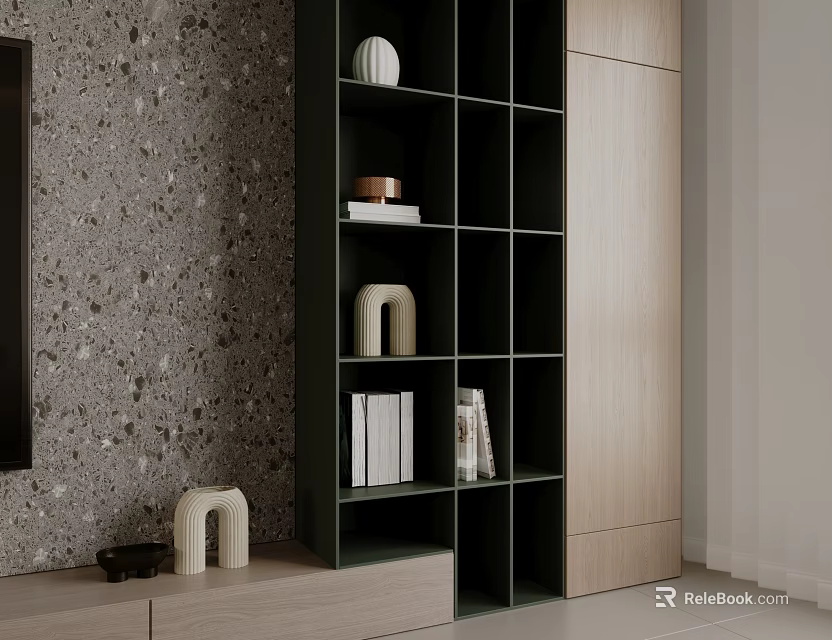 Modern Green Grid-Style Bookcase With Books Decorative Items And Wooden Cabinet Against Textured Wall 3d model 