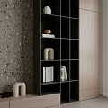 Modern Green Grid-Style Bookcase With Books Decorative Items And Wooden Cabinet Against Textured Wall