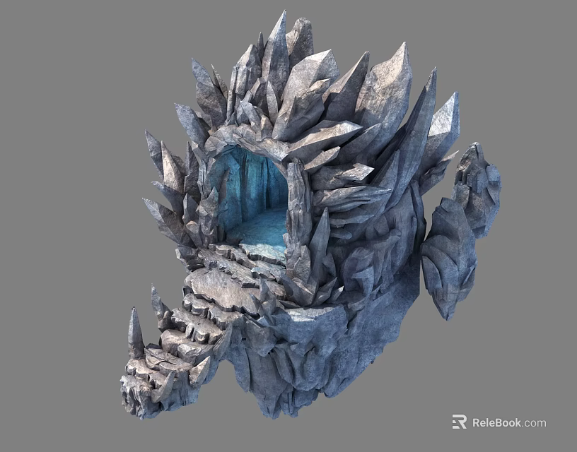 Cartoon Style Icy Cave Scene With Spiky Rocks Stone Steps And Blue Light 3d model 