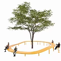 Yellow Circular Outdoor Chair Around Tree With Paved Ground And People Sitting