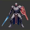 Armored Warrior Character Standing With Blue Sword And Red Shield