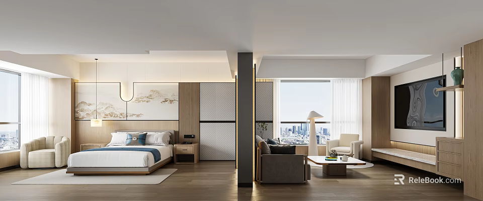 Spacious Hotel Room Interior With Comfortable Bed Cozy Sofa And Panoramic City View 3d model 