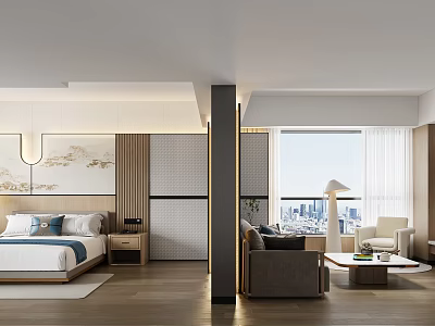 Spacious Hotel Room Interior With Comfortable Bed Cozy Sofa And Panoramic City View 3d model