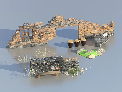 Rustic Stone Brick Feature Wall With Archway Terracotta Pots And Ornamental Grasses 3d model