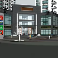 Modern Commercial Street With Branded Shops Pedestrians Green Plants And High Rise Buildings