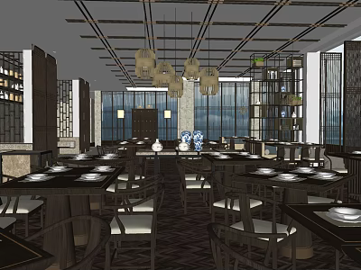 Restaurant Interior With Dining Tables Chairs Pendant Lights Shelves And Large Windows 3d model