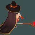 Witch Riding Broomstick With Red Glowing Orb Red Top Black Skirt White Stockings