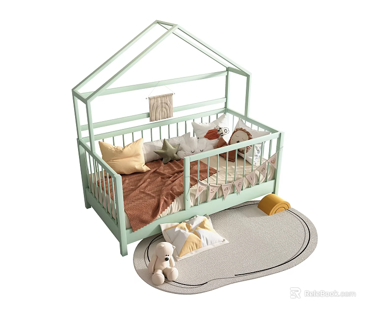 Kids Single Bed with Green House Shaped Frame Pillows Blanket Rug and Stuffed Toy 3d model 