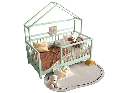 Kids Single Bed with Green House Shaped Frame Pillows Blanket Rug and Stuffed Toy 3d model