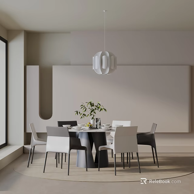 Modern Dining Table Set With White And Dark Chairs Pendant Light And Plant Decoration 3d model 